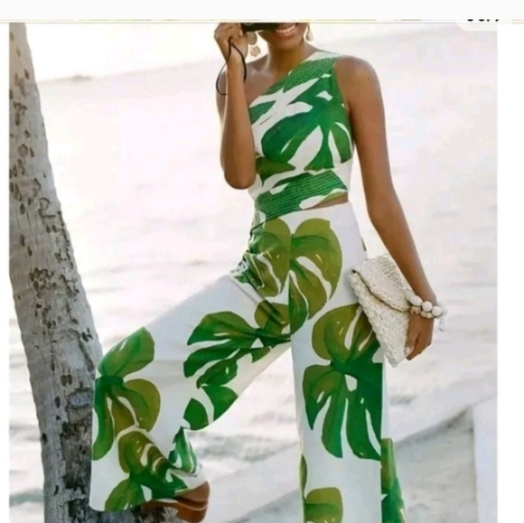 Farm Rio One Shoulder Linen Leaf Jumpsuit - Picture 5 of 6